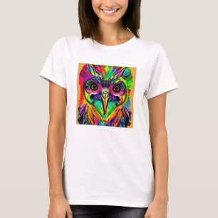 Camiseta Coruja com Penas Coloridas Arte Quirky AI