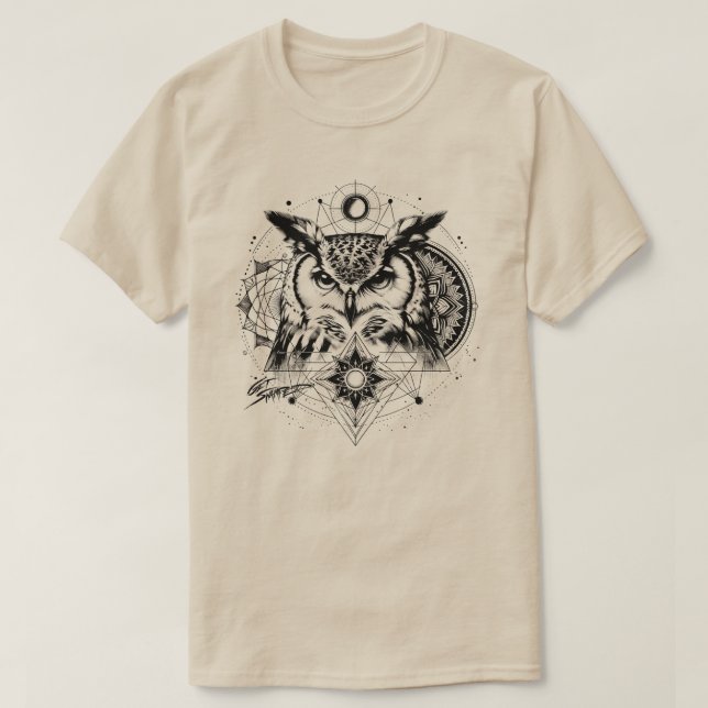 Camiseta Coruja da Geometria Sagrada Ficou Alagada (Frente do Design)