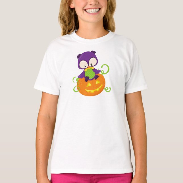 Camiseta Coruja das Halloween, Coruja Bonita, Coruja Roxa,  (Frente)