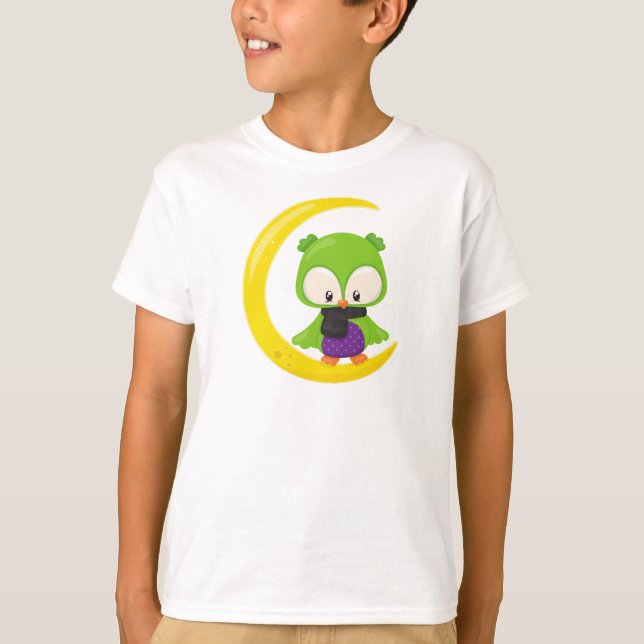 Camiseta Coruja das Halloween, Coruja Bonita, Coruja Verde, (Frente)