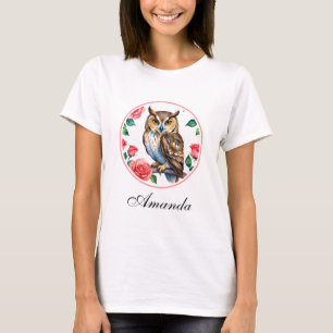 Camiseta Coruja de Aquarela Decorativa com Rosas