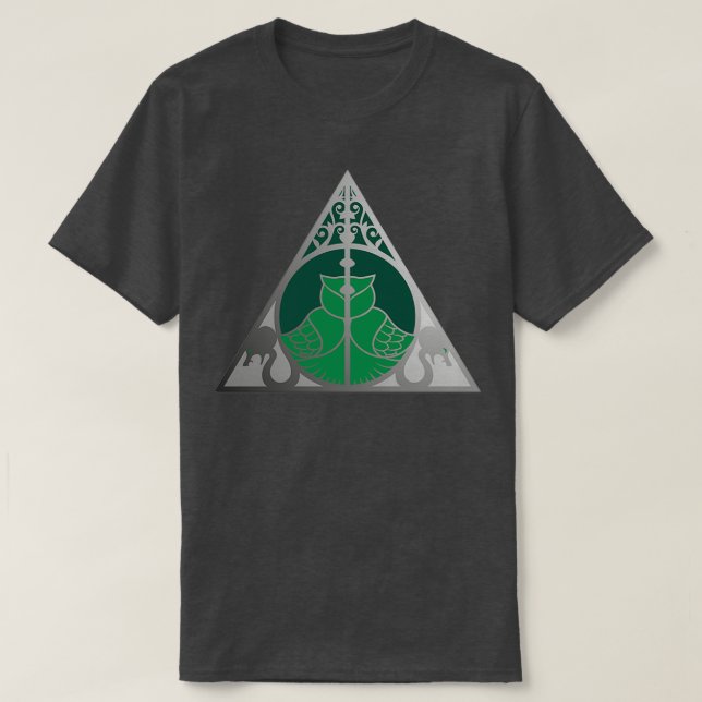 Camiseta Coruja de artefato e cobra verde-prata (Frente do Design)
