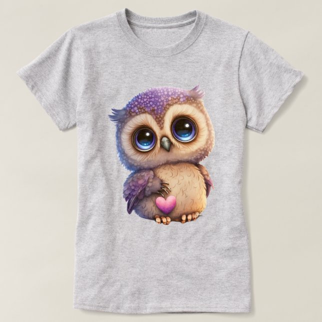 Camiseta Coruja de desenho animado segurando coração com ol (Frente do Design)