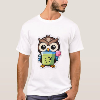 Camiseta Coruja de desenho animado segurando um chá de bolh