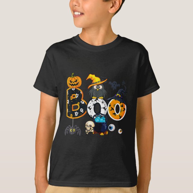 Camiseta Coruja de Halloween com aranhas de bruxa (Frente)