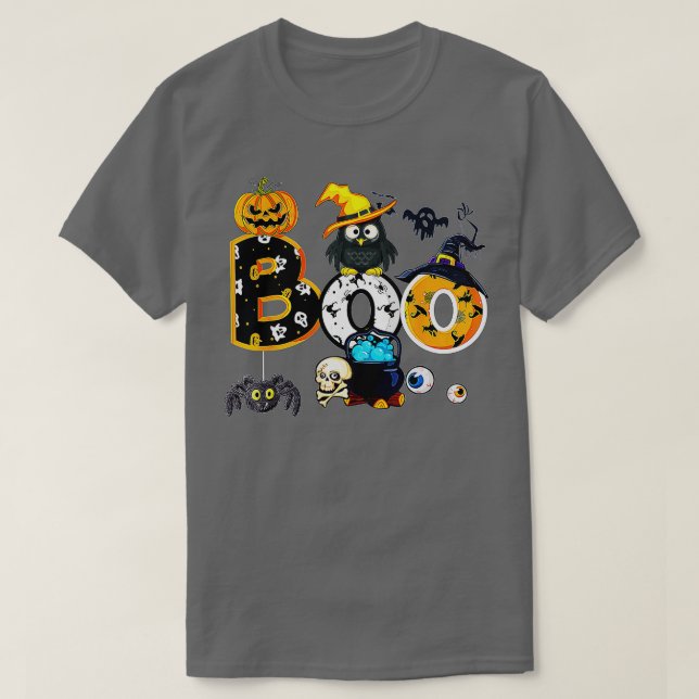 Camiseta Coruja de Halloween com aranhas de bruxa (Frente do Design)