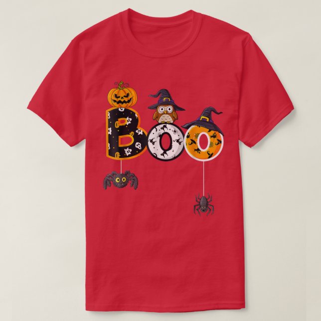 Camiseta Coruja de Halloween com aranhas de bruxa (Frente do Design)