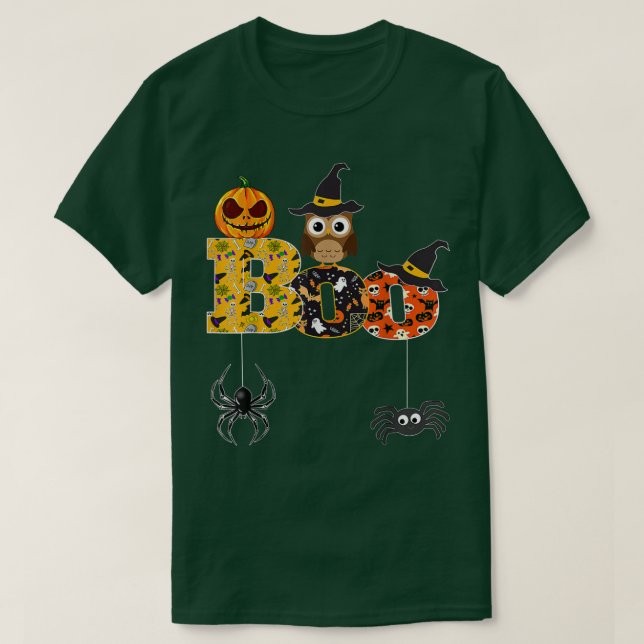 Camiseta Coruja de Halloween com aranhas de bruxa (Frente do Design)