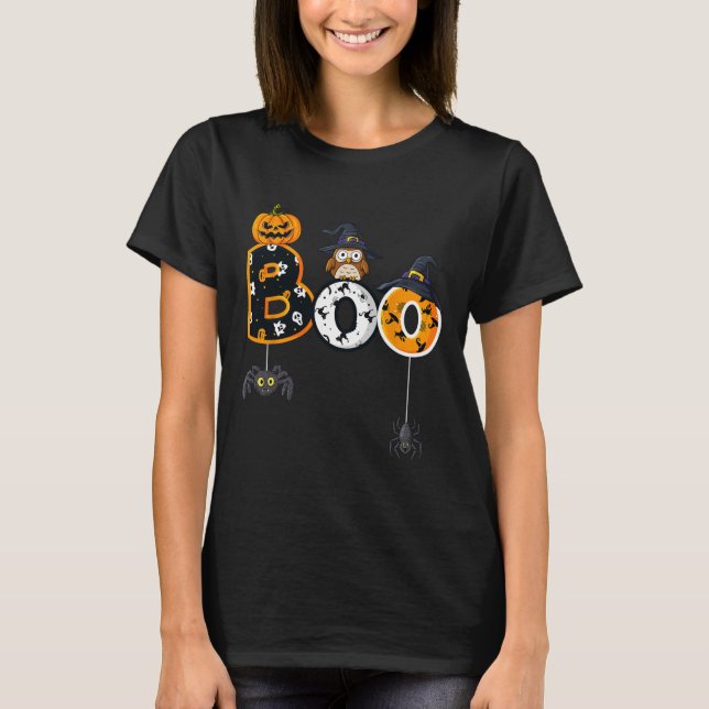 Camiseta Coruja de Halloween com aranhas de bruxa (Frente)