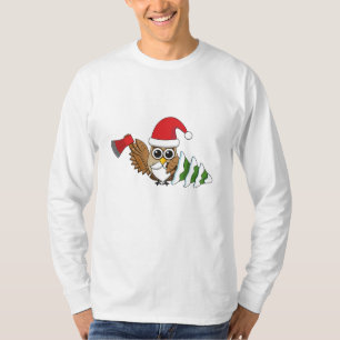 Camiseta Coruja de Natal com Ax e Árvore de Pinheiro de Nev