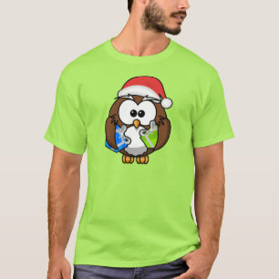 Camiseta Coruja de Natal Usando Chapéu de Papai Noel-15840