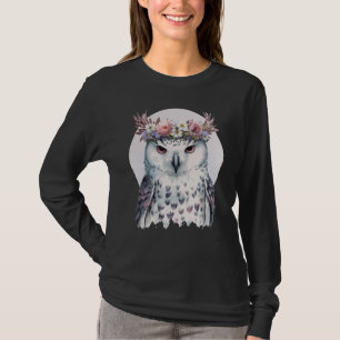 Camiseta Coruja de Neve Branca Flor Coroa Floral Pássaros