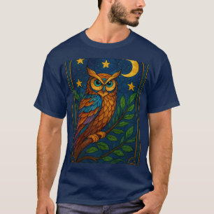 Camiseta Coruja de Vidro Colorido sob a Lua e as Estrelas
