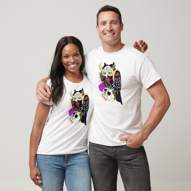Camiseta Coruja E Crânio De Açúcar (Unissex)