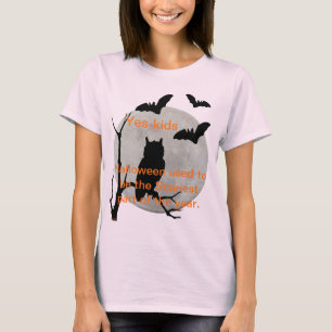 Camiseta Coruja e Morcegos de Halloween Rosa Pálidos