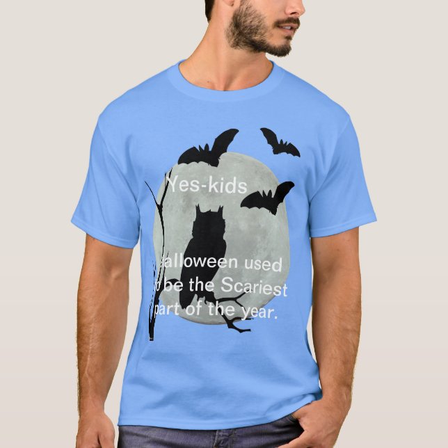 Camiseta Coruja e Morcegos do Dia das Bruxas Azul (Frente)