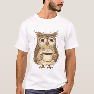 Camiseta Coruja Encantadora com Ilustração de Mug de Café
