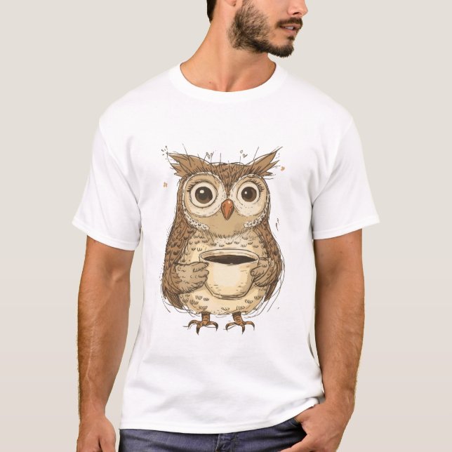 Camiseta Coruja Encantadora com Ilustração de Mug de Café (Frente)