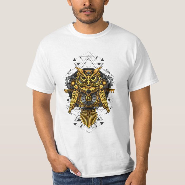 Camiseta Coruja Estampunk Mecânica (Frente)
