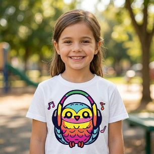 Camiseta Coruja feliz com fones de ouvido ouvindo música.