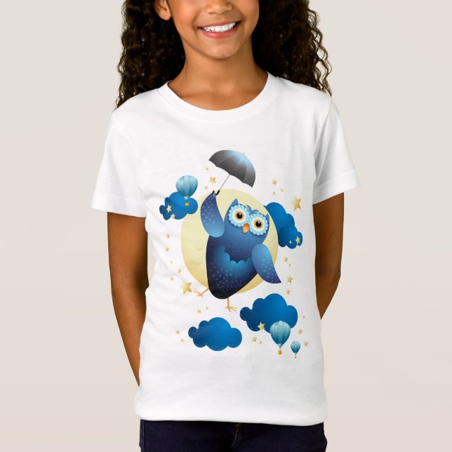 Camiseta Coruja-Fita-Fita Voando com Guarda-chuvas (Frente)