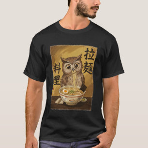 Camiseta Coruja Fofa Comendo Macarrão Ramen Divertido Japão