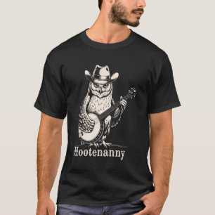 Camiseta Coruja Hootenanny Tocando Banjo Guitar Chapéu de C
