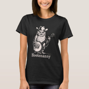Camiseta Coruja Hootenanny Tocando Banjo Guitar Chapéu de C