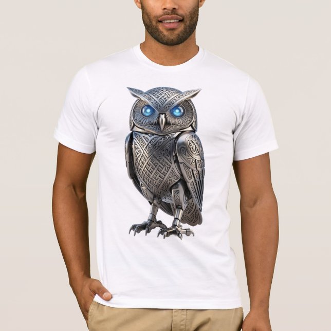 Camiseta Coruja Mecânica Celta Prata Estilo Steampunk (Frente)