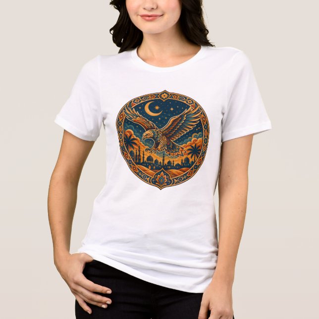 Camiseta Coruja Mística Árabe Crescente Lua Arte do Deserto (Frente)