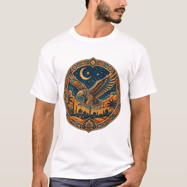 Camiseta Coruja Mística Árabe Crescente Lua Deserto Arte (Frente)