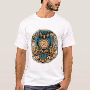Camiseta Coruja Mística com Chaves e Relógio de Ouro