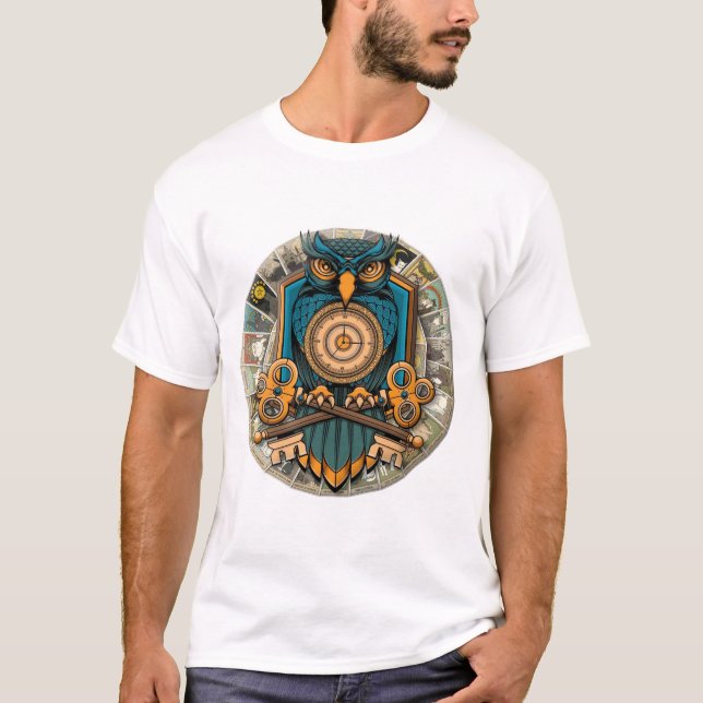 Camiseta Coruja Mística com Chaves e Relógio de Ouro (Frente)