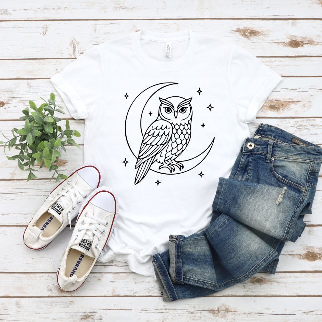 Camiseta Coruja na Lua Crescente com Estrelas em Arte Linea (Criador carregado)
