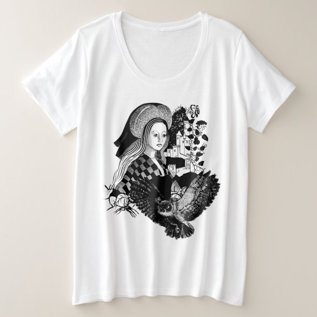 Camiseta Coruja Noturna Gótica e mulher (Frente do Design)