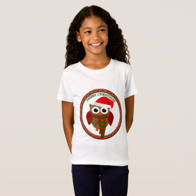 Camiseta Coruja Santa Claus com um cachecol vermelho e bran (Frente Completa)
