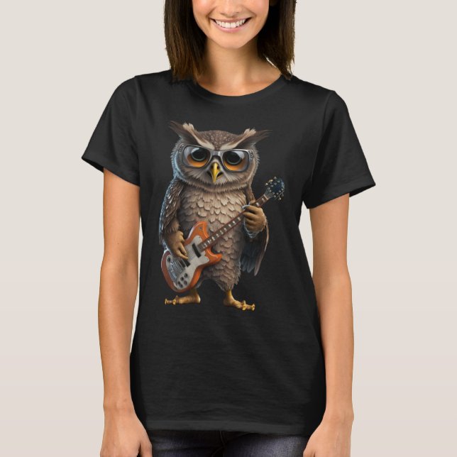 Camiseta Coruja Tocando Violão Elétrico Coruja (Frente)