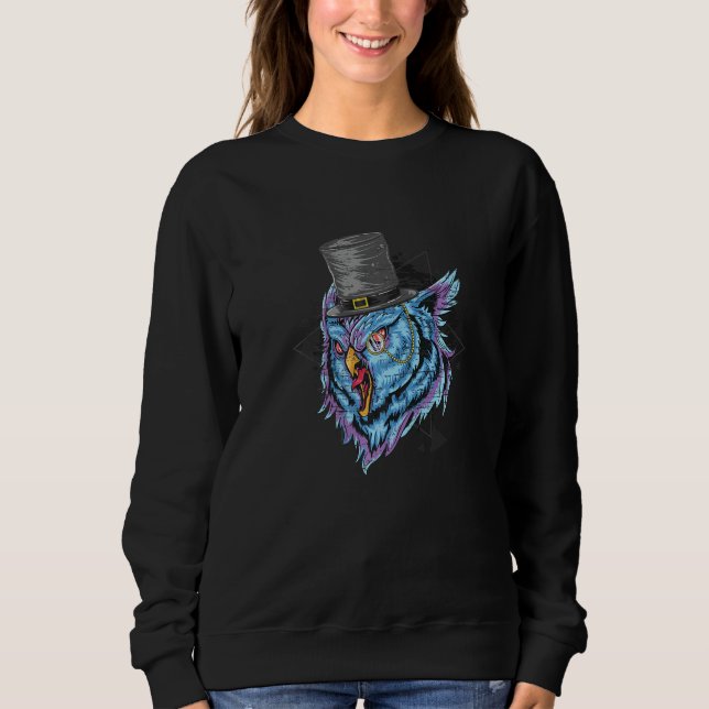 Camiseta Coruja Verde-azulado Roxo Com Triângulos Synthwave (Frente)