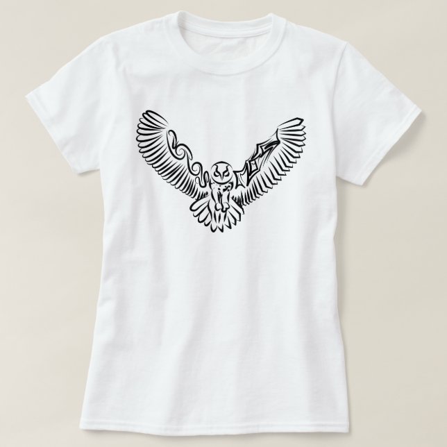 Camiseta Coruja voadora branca e negra (Frente do Design)