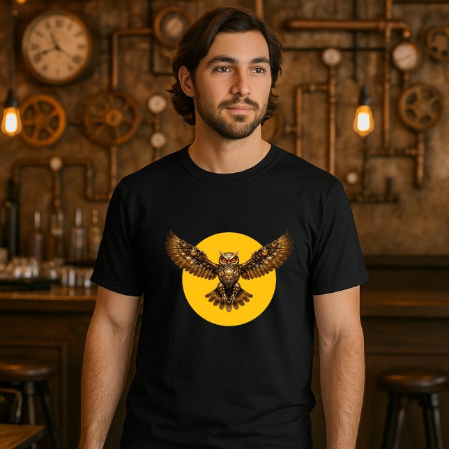 Camiseta Coruja Voadora Mecânica Steampunk sobre Lua Cheia (Criador carregado)