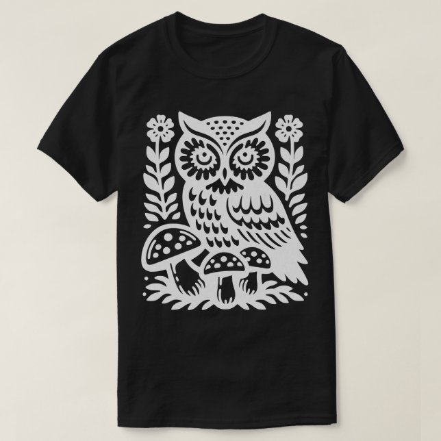 Camiseta Coruja Whimsical e Blooms Bloqueam Estilo de Impre (Frente do Design)