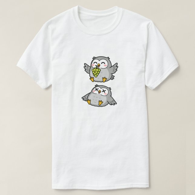 Camiseta Corujas de desenho animado fofas comendo uvas Coru (Frente do Design)