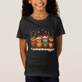 Camiseta Corujas de Natal Fofas com Chapéus de Papai Noel e