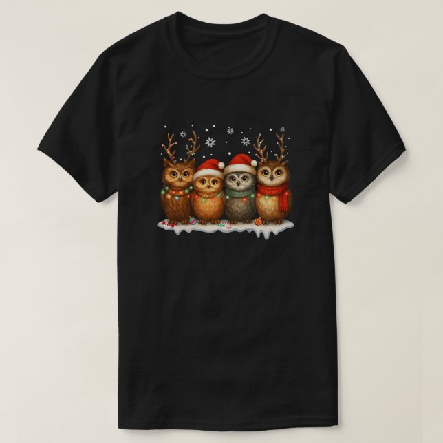 Camiseta Corujas de Natal Fofas com Chapéus de Papai Noel e (Frente do Design)