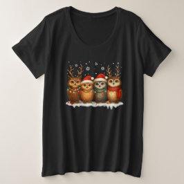 Camiseta Corujas de Natal Fofas com Chapéus de Papai Noel e