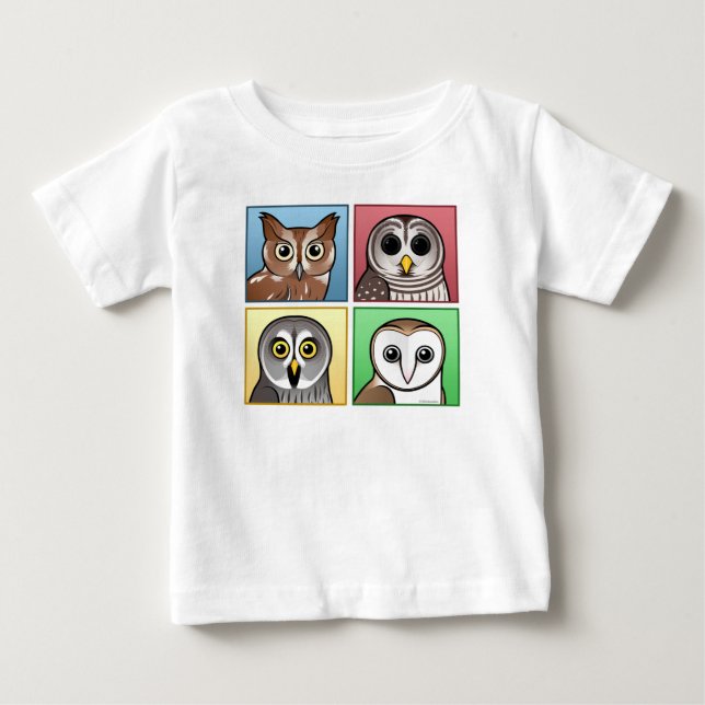 Camiseta Corujas de quatro cores (pastel) (Frente)