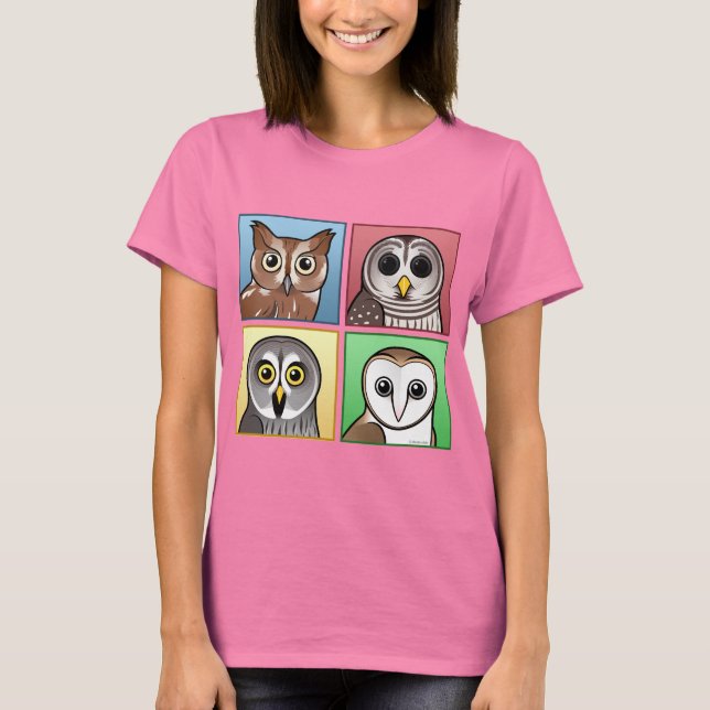 Camiseta Corujas de quatro cores (pastel) (Frente)