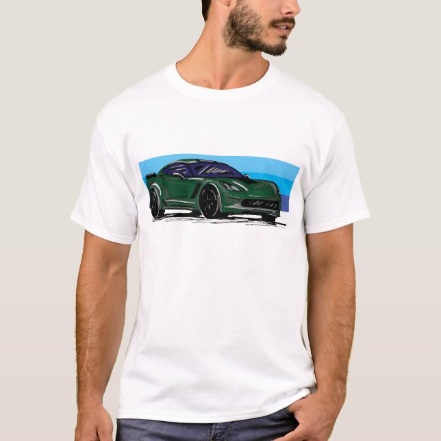 Camiseta Corvette C7 Green Sportscar com Blue Stripe (Frente)