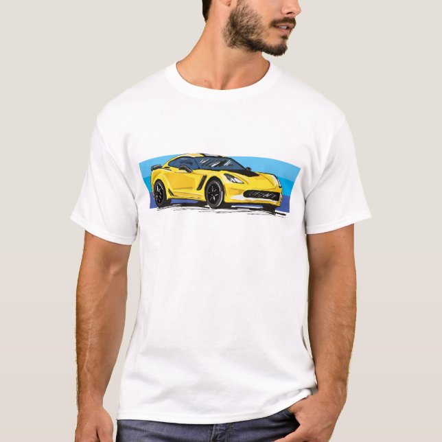 Camiseta Corvette C7 Yellow Sportscar com Blue Stripe (Frente)