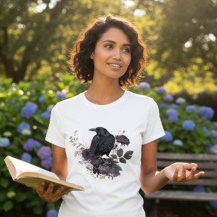 Camiseta Corvo Botânico Sombrio Gráfico Acadêmico Moody